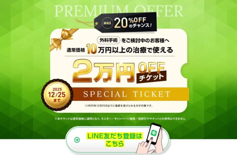 湘南美容外科：2万円割引クーポン発行中